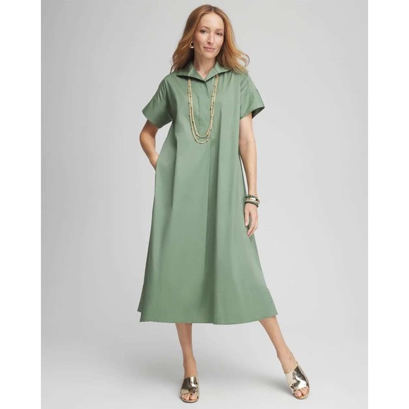 Chico's Dresses & Skirts - Chicos Olive Green Collared Short Sleeve Shirt Dress Midi Pockets Size 2